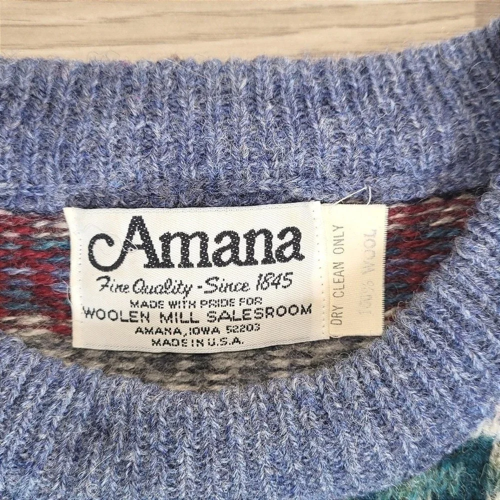 Vintage Amana Mens Blue Fair Isle Academia Teacher 100% Wool Crewneck Sweater  M